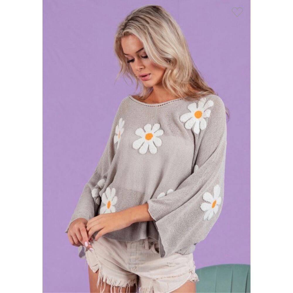 Bibi - Flower Embroidery Loose Fit Knit Top - Small